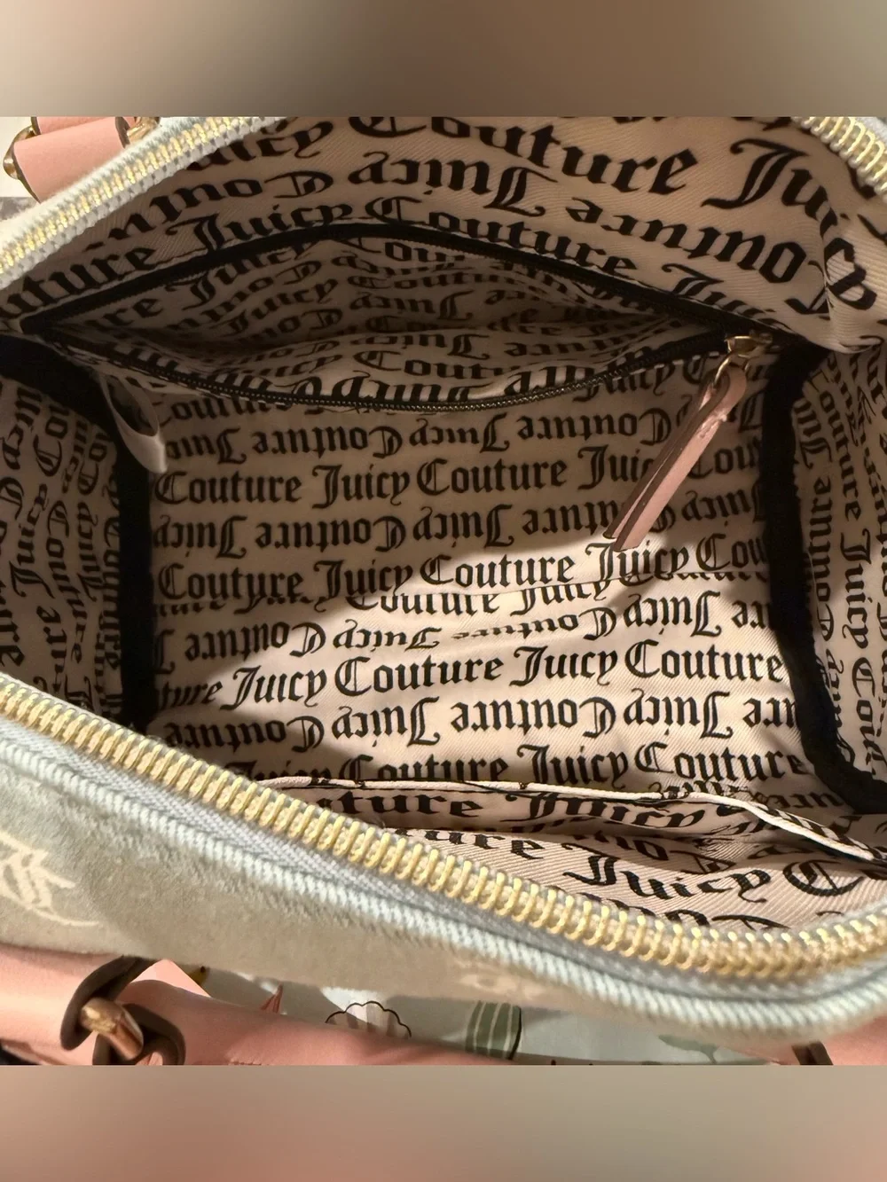 Juicy Couture Denim Purse w Long Strap & White Gothic Lettering w Pink Details